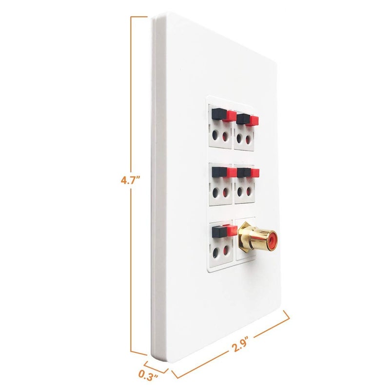 DIYTECH Premium Speaker Wall Plate, 5 Speaker Audio Connector, 1 RCA Subwoofer, Supports 5.1 Speaker Configurations, Speaker Wire Wall Plate, 1 Gang Screwless - Image 2